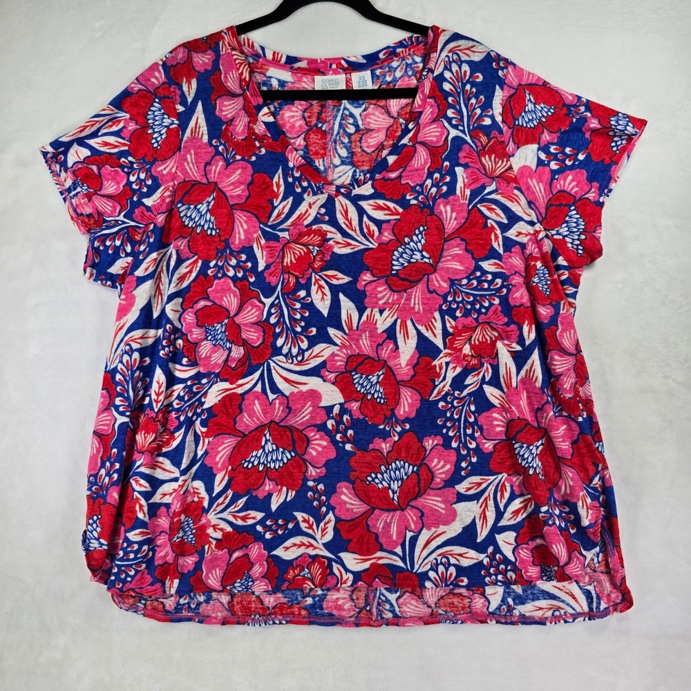 Sigrid Olsen Womens 3X Floral V-Neck 100% Linen Short Sleeve Knit Top Pink Blue